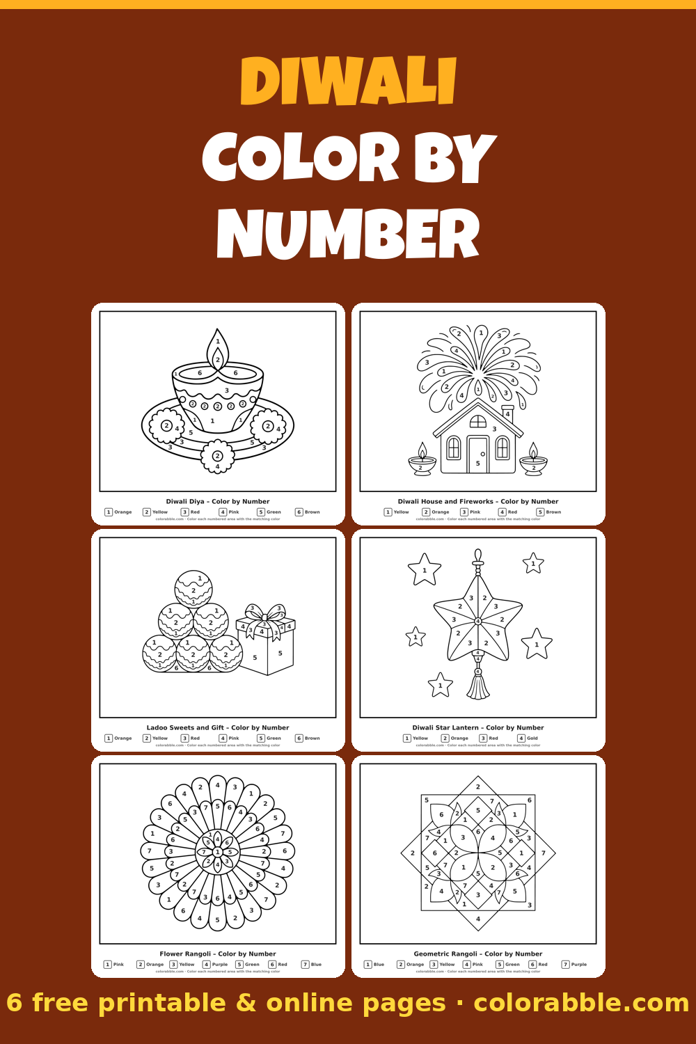 6 Diwali color by number pages – preview of the free PDF pack