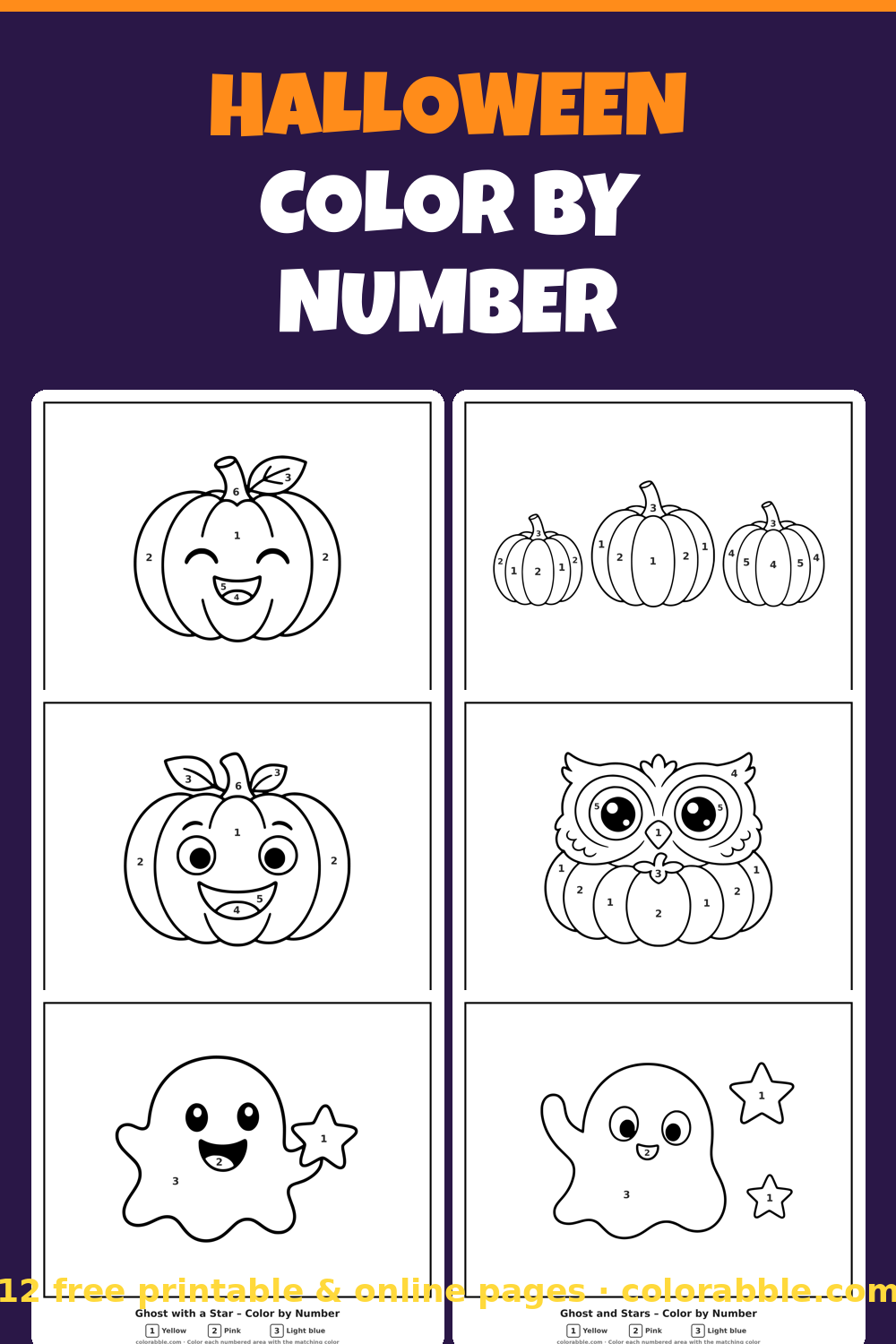 12 Halloween color by number pages – preview of the free PDF pack