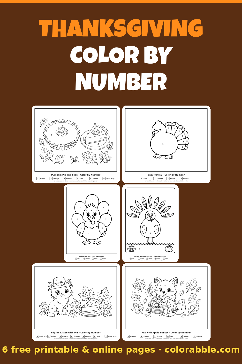 6 Thanksgiving color by number pages – preview of the free PDF pack