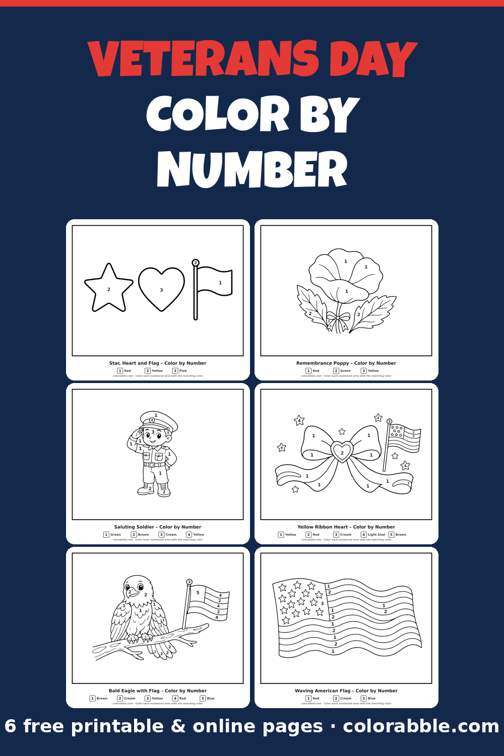 6 Veterans Day color by number pages – preview of the free PDF pack