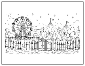 Abandoned Carnival at Night coloring page – printable line art