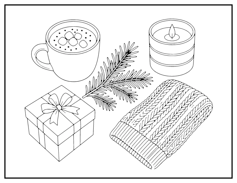 Aesthetic Cozy Christmas Flat Lay coloring page – printable black and white line art
