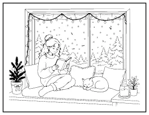 Aesthetic Christmas Window Reading Nook coloring page – printable line art