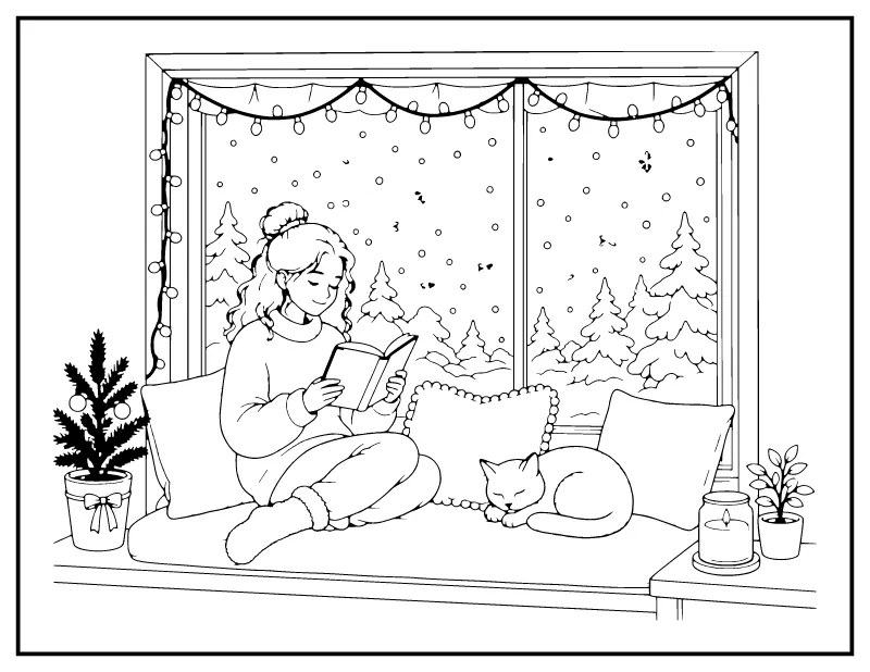 Aesthetic Christmas Window Reading Nook coloring page – printable black and white line art