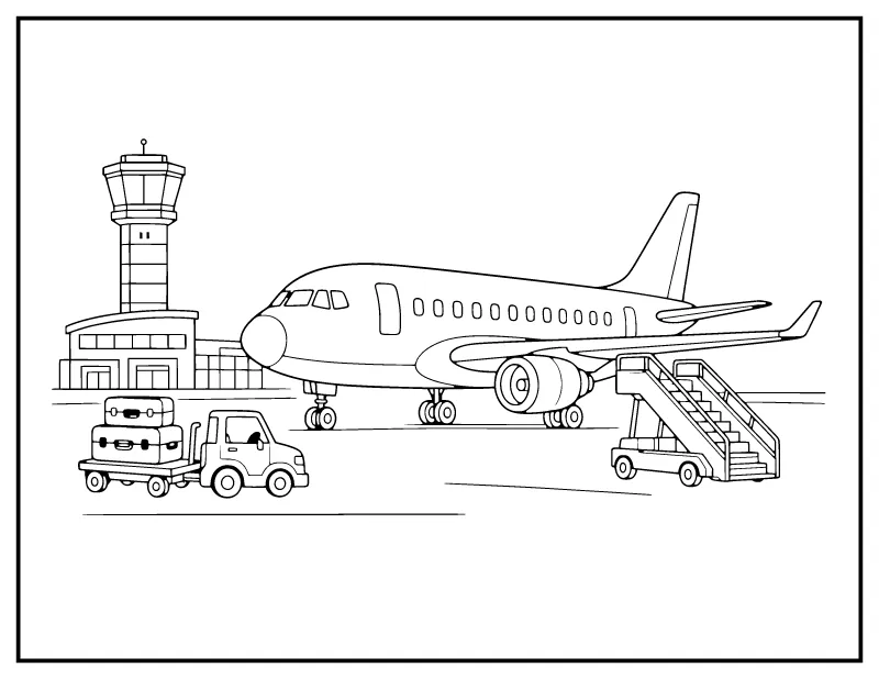 Airplane at the Airport coloring page – printable black and white line art