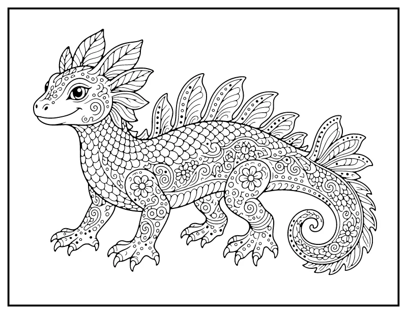 Alebrije Lizard coloring page – printable black and white line art