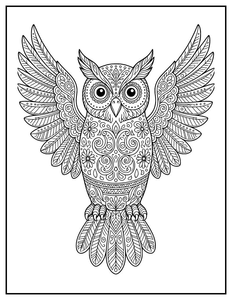 Alebrije Owl coloring page – printable black and white line art