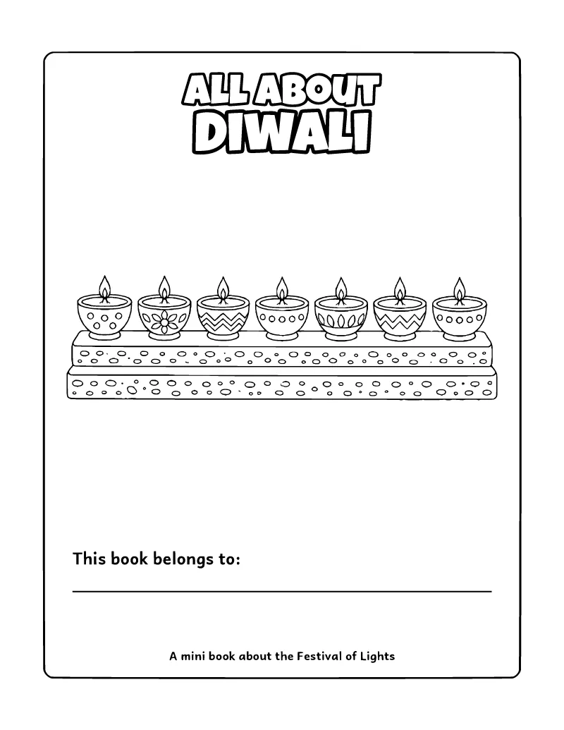 All About Diwali Mini Book: Cover coloring page – printable black and white line art