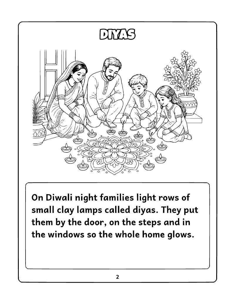 All About Diwali Mini Book: Diyas coloring page – printable black and white line art