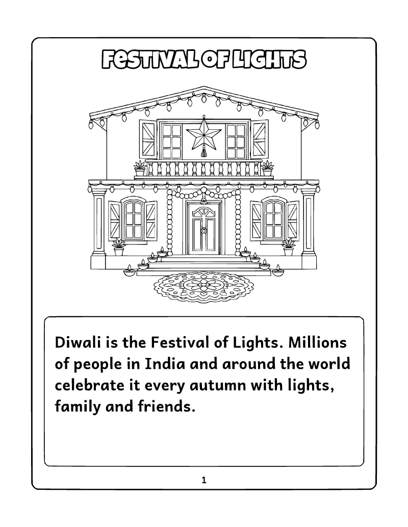 All About Diwali Mini Book: Festival of Lights coloring page – printable black and white line art