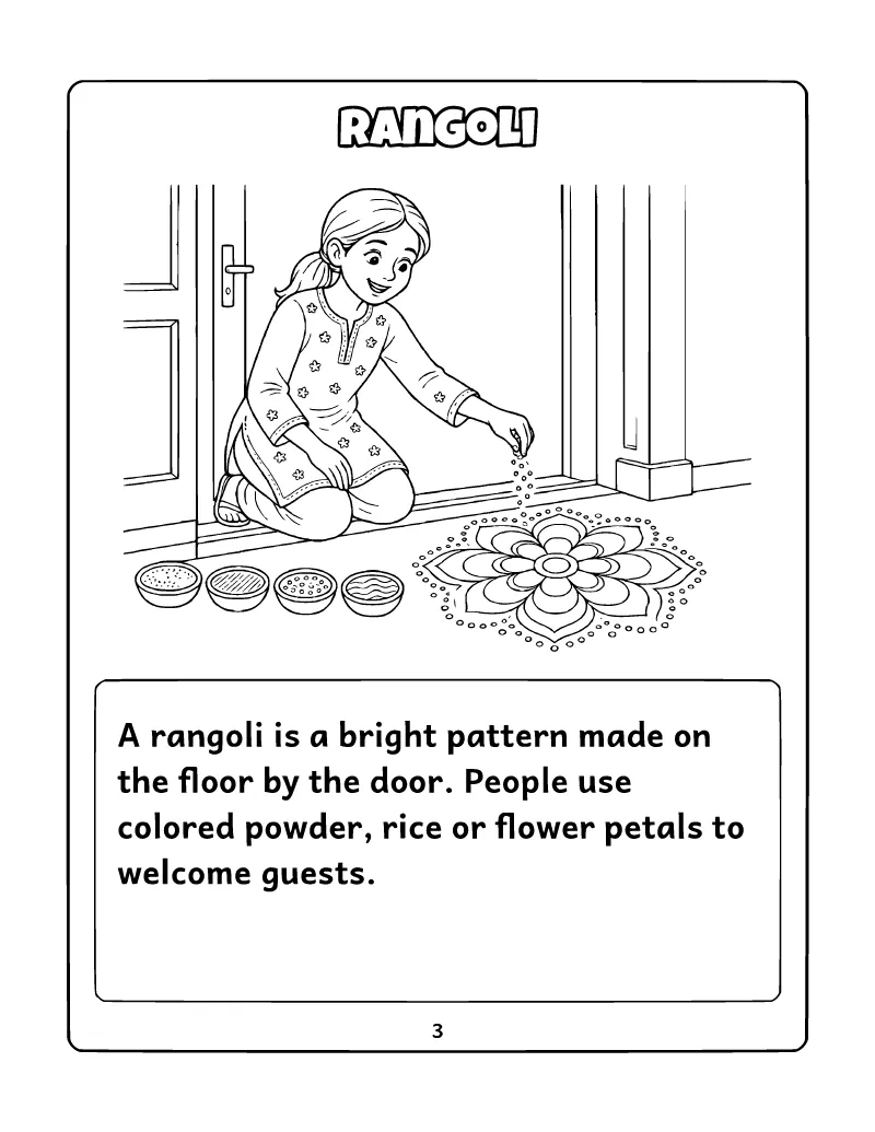 All About Diwali Mini Book: Rangoli coloring page – printable black and white line art