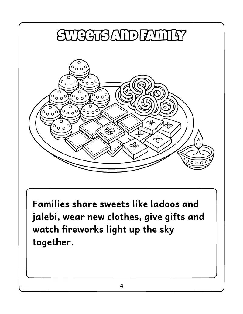 All About Diwali Mini Book: Sweets and Family coloring page – printable black and white line art
