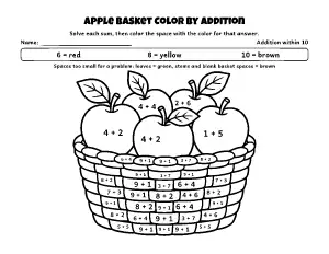 Apple Basket Color by Addition (Within 10) coloring page – printable line art