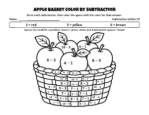 Apple Basket Color by Subtraction (Within 10) coloring page – printable line art