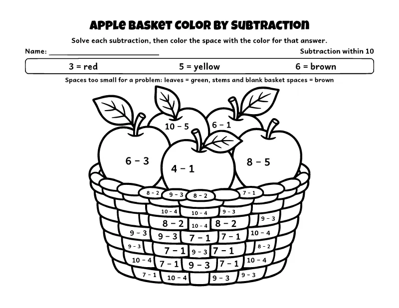 Apple Basket Color by Subtraction (Within 10) coloring page – printable black and white line art