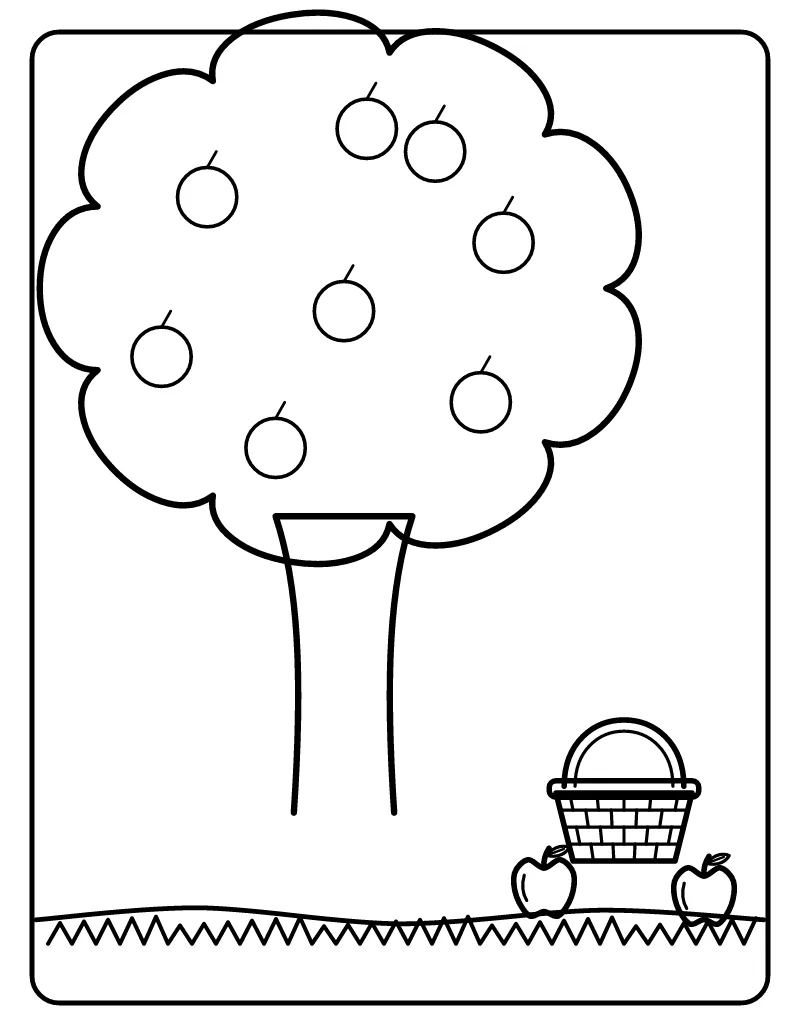 Apple Tree and Basket coloring page – printable black and white line art