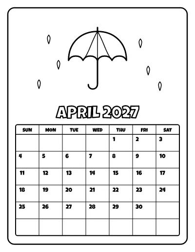 April 2027 Calendar coloring page – printable line art