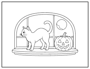 Black Cat Arching on the Windowsill coloring page – printable line art