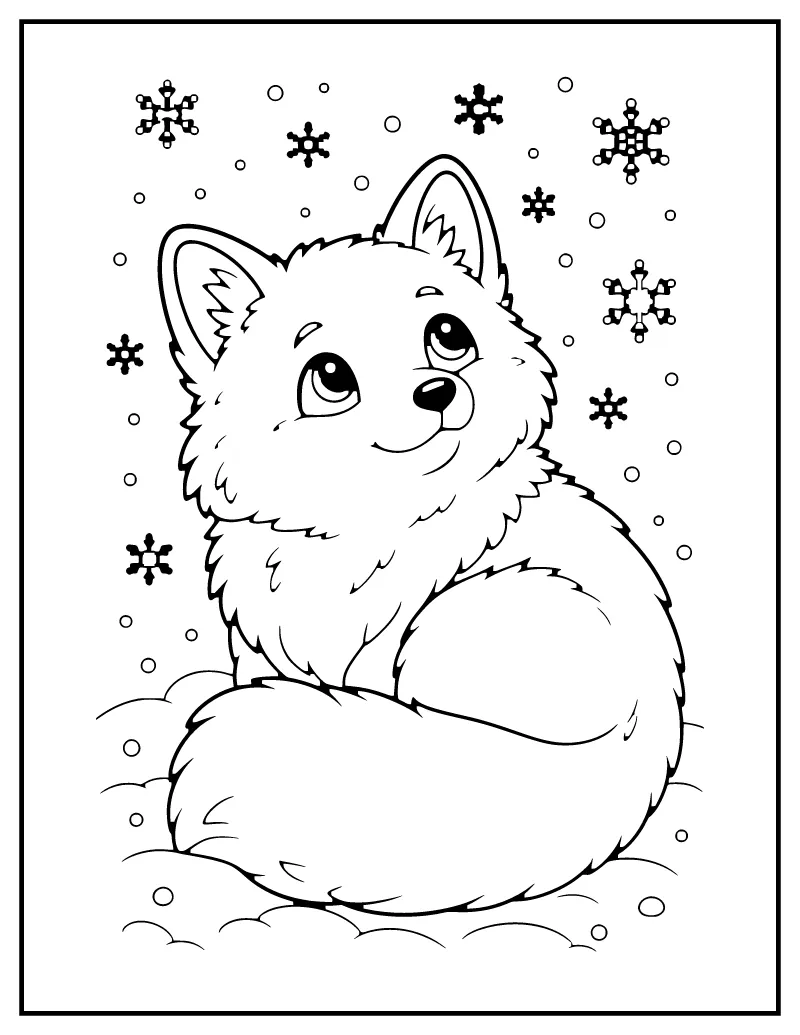 Arctic Fox in the Snow coloring page – printable black and white line art