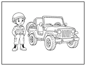 Army Soldier with Jeep for Kids coloring page – printable line art