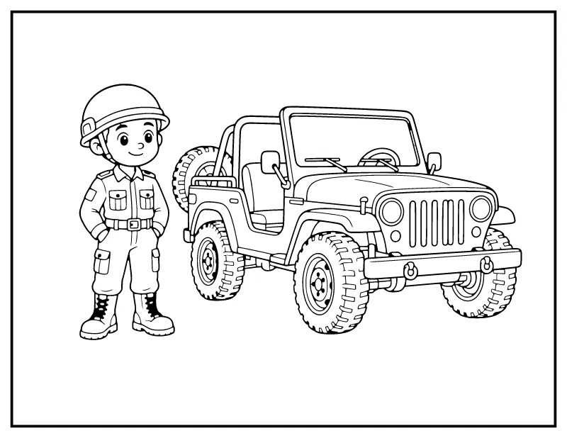 Army Soldier with Jeep for Kids coloring page – printable black and white line art