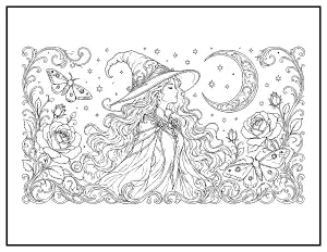 Art Nouveau Moon Witch for Adults coloring page – printable line art