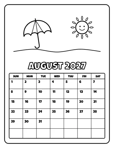 August 2027 Calendar coloring page – printable line art