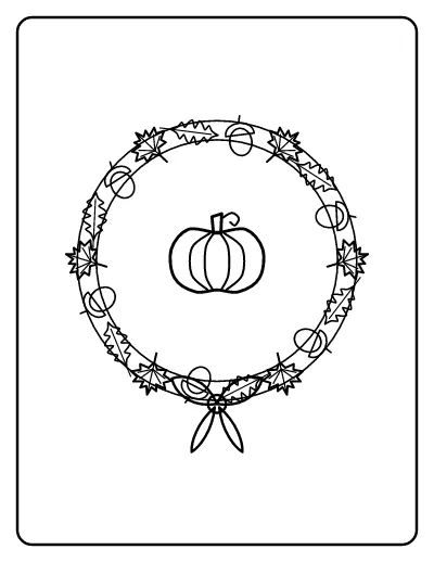 Autumn Door Wreath with Bow coloring page – printable line art
