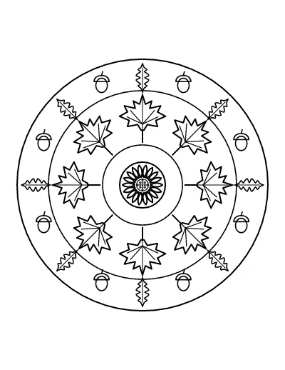 Autumn Leaf Mandala coloring page – printable line art