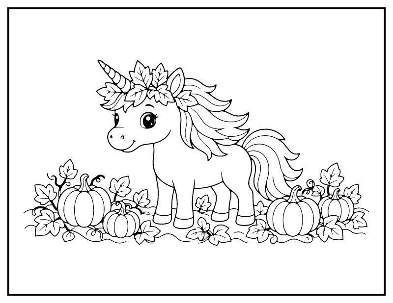 Autumn Unicorn in a Pumpkin Patch coloring page – printable black and white line art