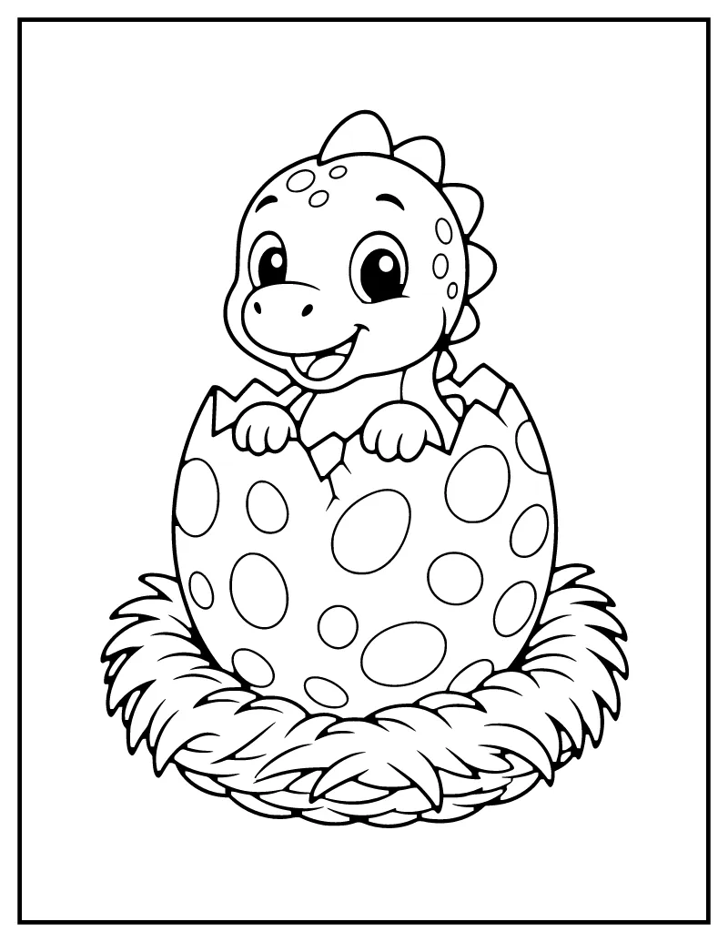 Baby Dinosaur Hatching from an Egg coloring page – printable black and white line art
