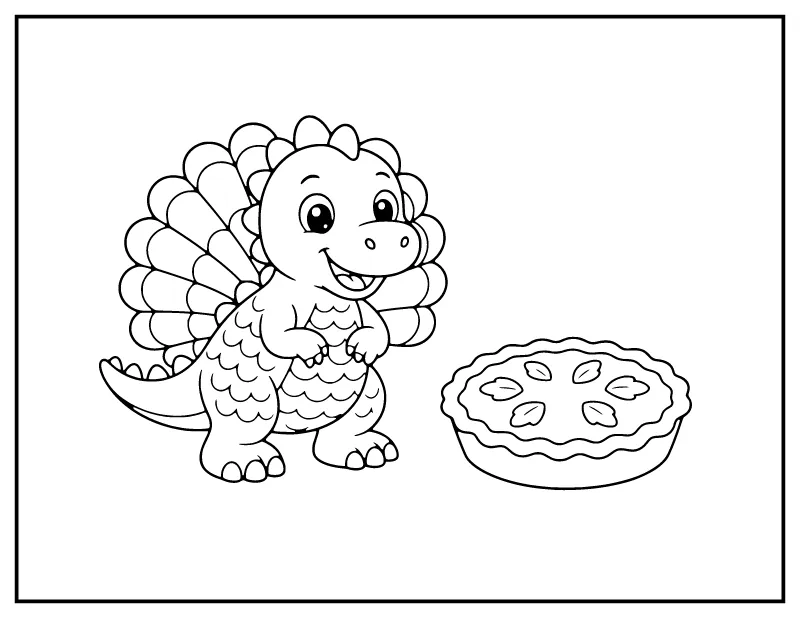 Baby Dinosaur in a Turkey Costume coloring page – printable black and white line art