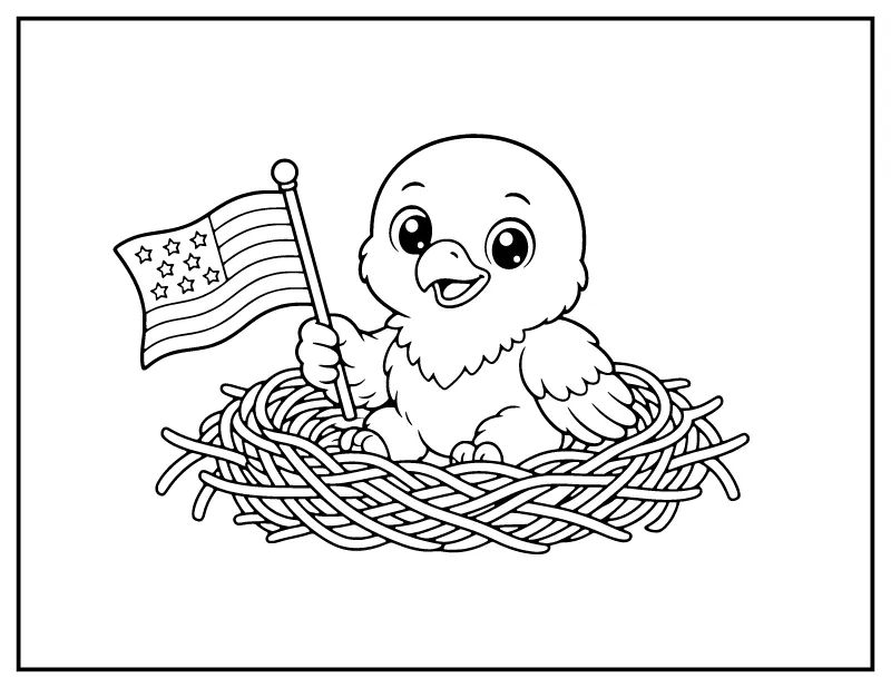 Baby Eagle in Nest with Flag coloring page – printable black and white line art