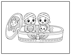 Baby Mummies in a Sarcophagus coloring page – printable line art