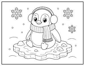 Baby Penguin with Scarf and Earmuffs coloring page – printable line art