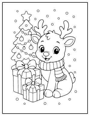 Baby Reindeer with Presents coloring page – printable line art