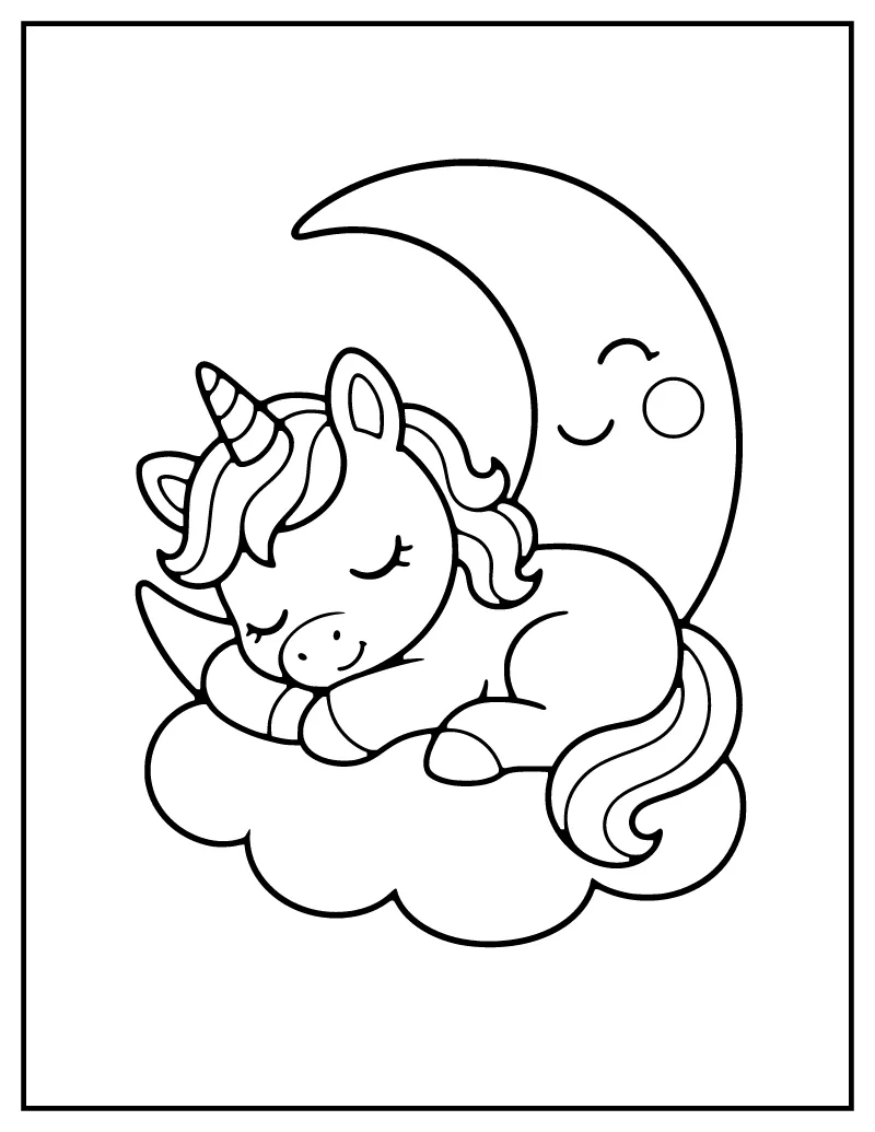 Baby Unicorn Sleeping on a Cloud coloring page – printable black and white line art