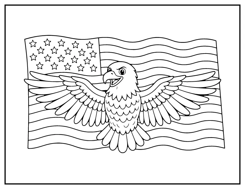 Bald Eagle with Flag Wings coloring page – printable black and white line art