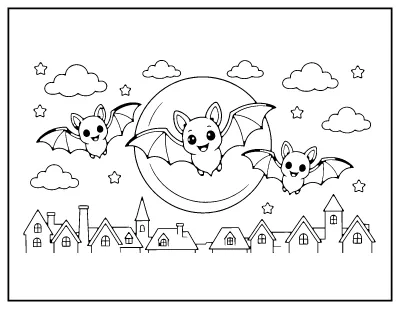 Bats and Full Moon coloring page – printable line art