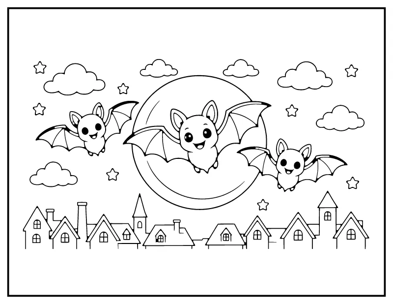 Bats and Full Moon coloring page – printable black and white line art