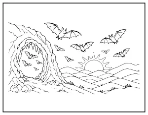Bats Flying from a Cave coloring page – printable line art