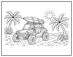 Beach Buggy with Surfboard coloring page – printable line art