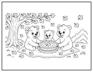 Bear Family Thanksgiving Pie Picnic coloring page – printable line art