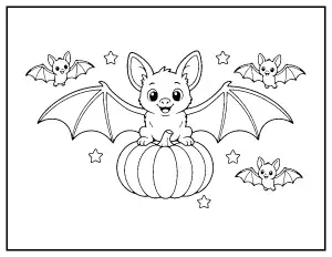 Big Cute Bat Sitting on a Pumpkin coloring page – printable line art