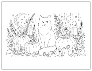 Black Cat with Pumpkins and Candles for Adults coloring page – printable line art