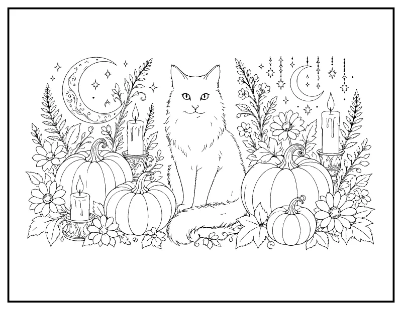 Black Cat with Pumpkins and Candles for Adults coloring page – printable black and white line art
