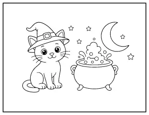 Black Cat in a Witch Hat with a Cauldron coloring page – printable line art