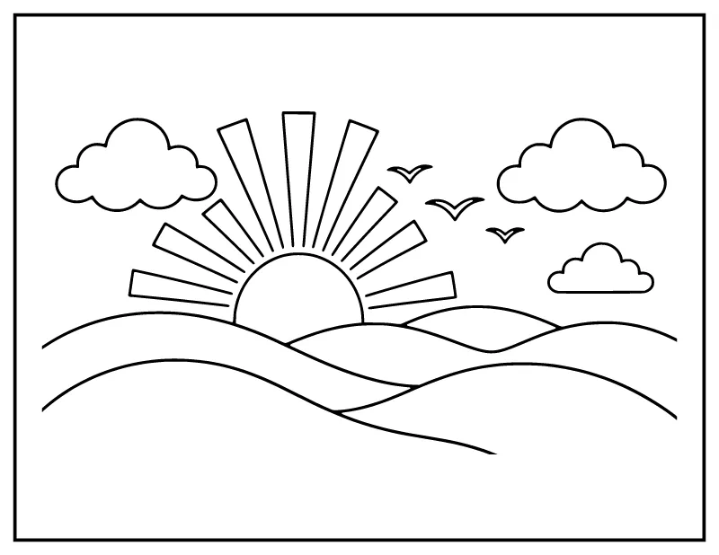 Bold and Easy Sunrise coloring page – printable black and white line art