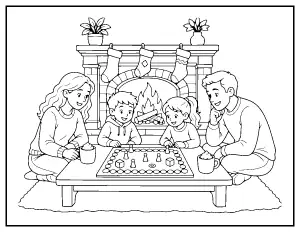 Board Games by the Fireplace coloring page – printable line art