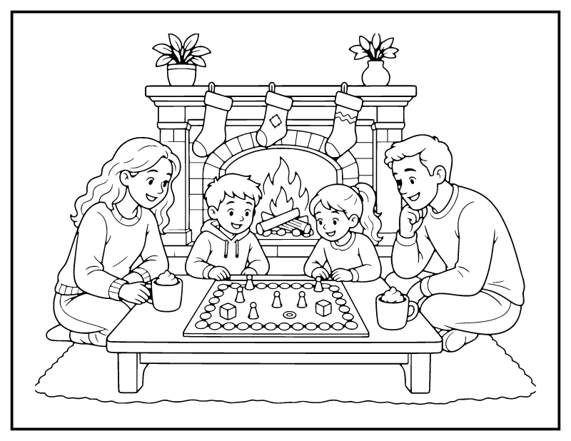 Board Games by the Fireplace coloring page – printable black and white line art
